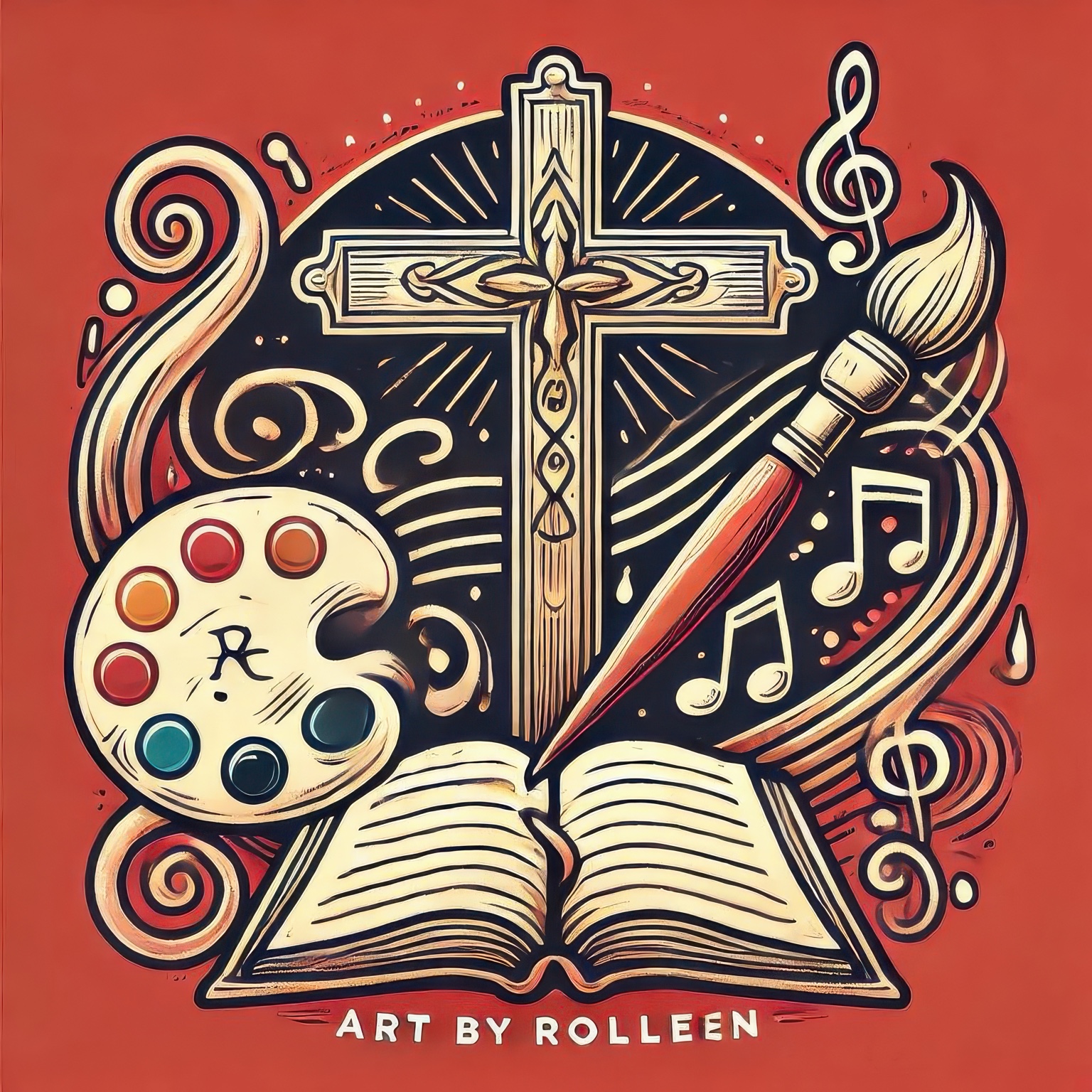 Art by Rolleen artwork featuring a cross, paint palette, brush, music notes, and an open book